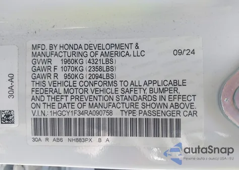 2024 Honda Accord Ex из США, поврежденный, VIN 1HGCY1F34RA090758